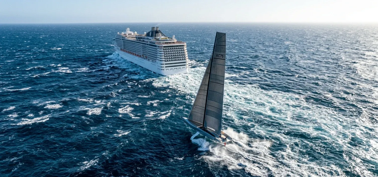 Segelboot und Kreuzfahrtschiff im blauen Meer als Bildwelt von Bernd Staudinger