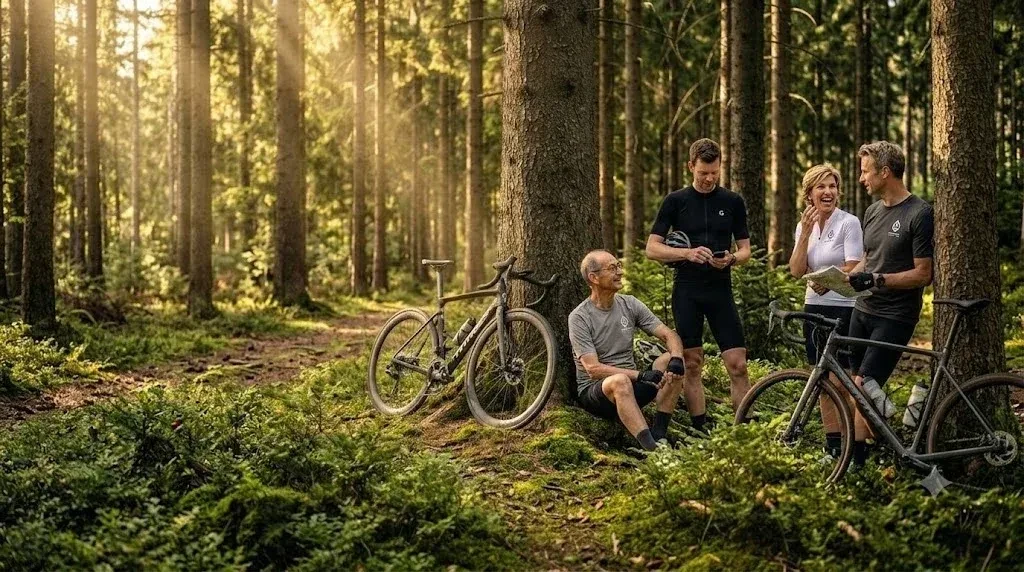 Team mit Fahrrädern im sonnigen Wald — Natural Reset